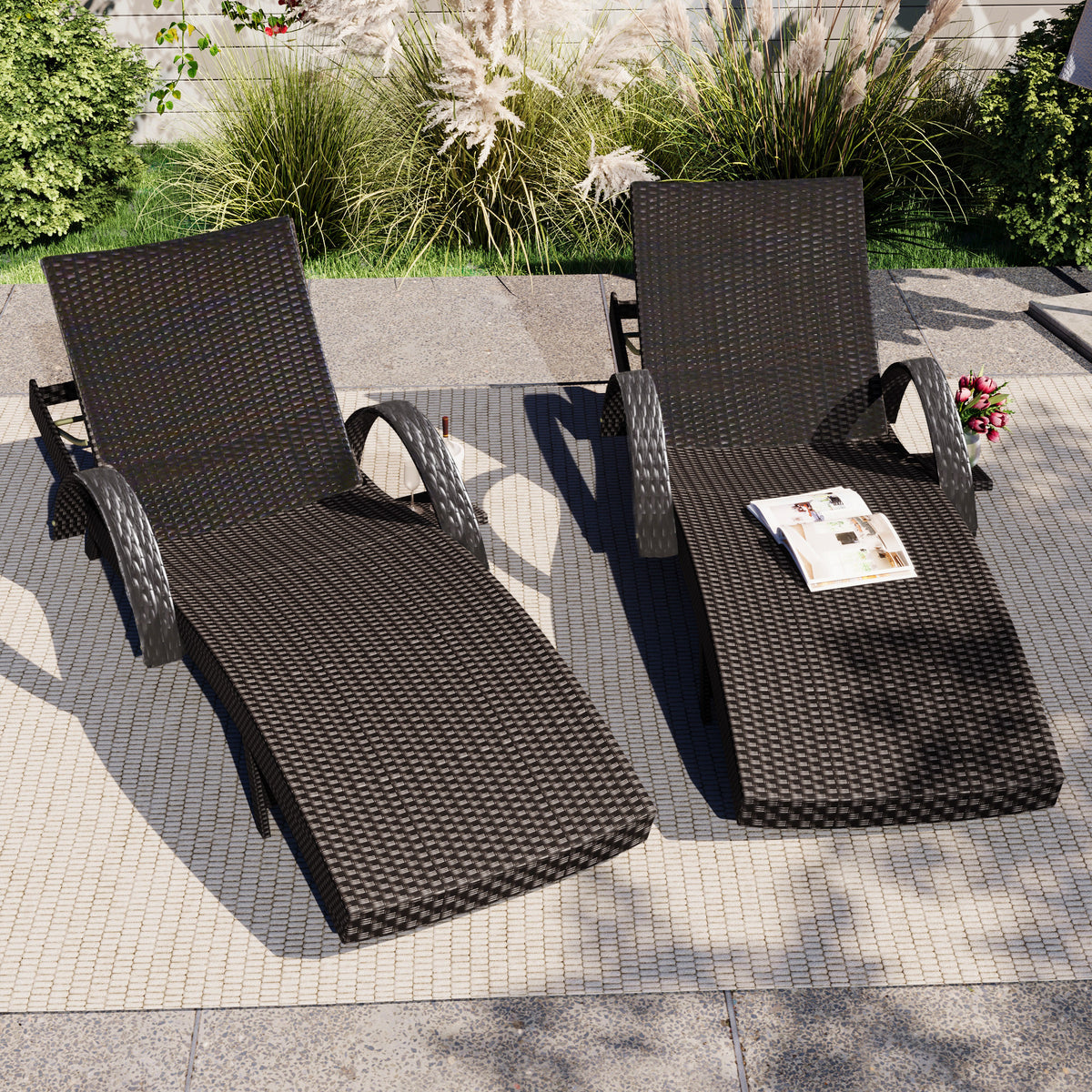 variant-group:rf-n707wf321204aad|Roomfitters 80" Outdoor Wicker Chaise Lounge Chairs, Set of 2, Reclining Patio Chairs with Pull-Out Table, Dark Brown