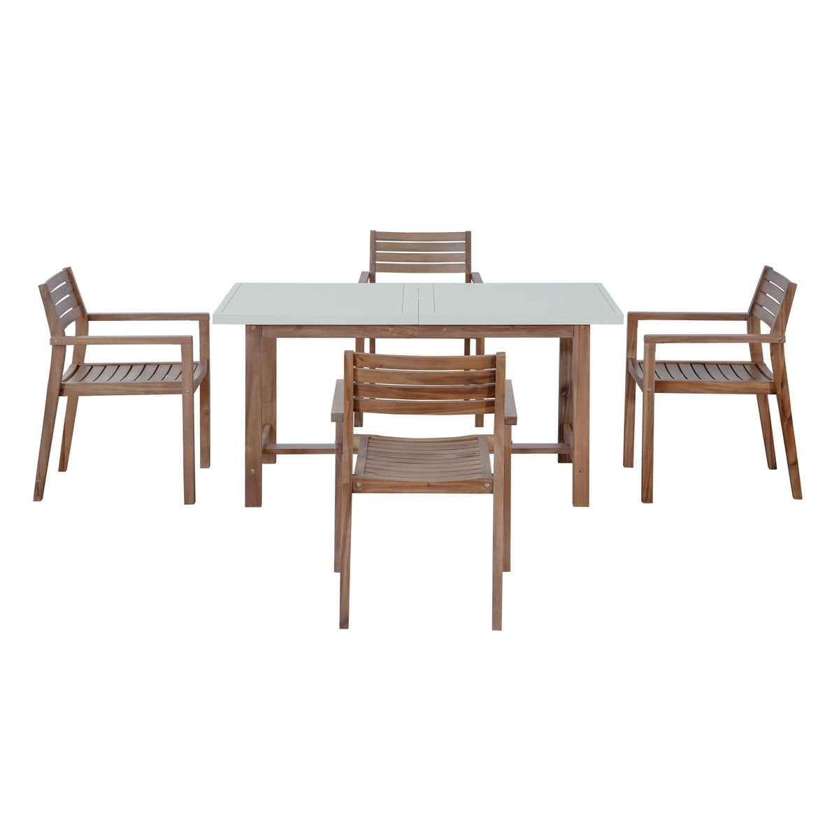 variant-group:rf-n711wy000477aad|Roomfitters Farmhouse 5-Piece Outdoor Dining Set for 4, 59-Inch Rectangular Table, Umbrella Hole, Light Grey Acacia