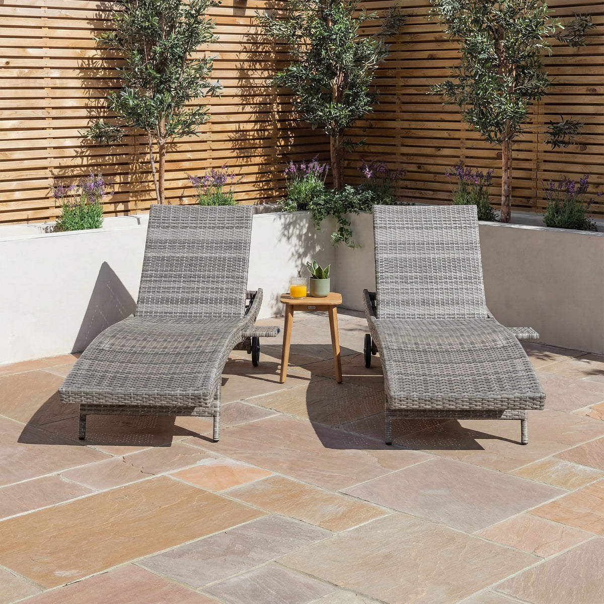 variant-group:rf-n707p395515e|Roomfitters 80"W Patio Chaise Lounge Chairs Set of 2 with Wheels, Folding Table, Adjustable Rattan Loungers, Grey