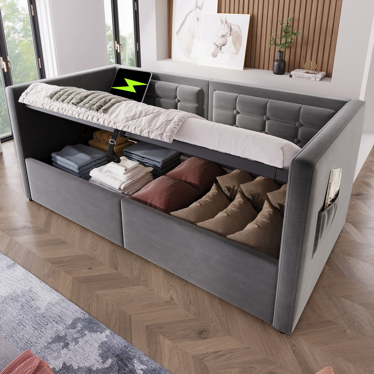 variant-group:rf-n736p303402g|Roomfitters Upholstered Twin Size Daybed with Storage, USB & Type-C Charging, Tufted Sofa Back, Velvet Gray