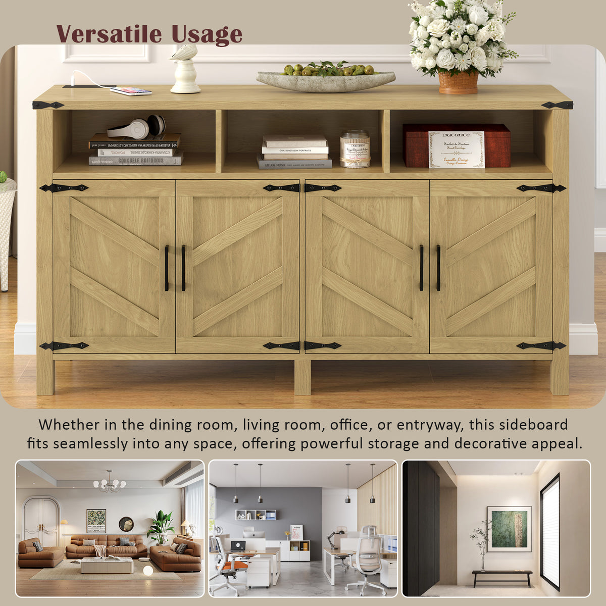 variant-group:rf-n711p347407o|Roomfitters 59" Sideboard Buffet Cabinet with 4 Door & Open Storage, Modern Farmhouse Industrial Coffee Bar Station, Natural