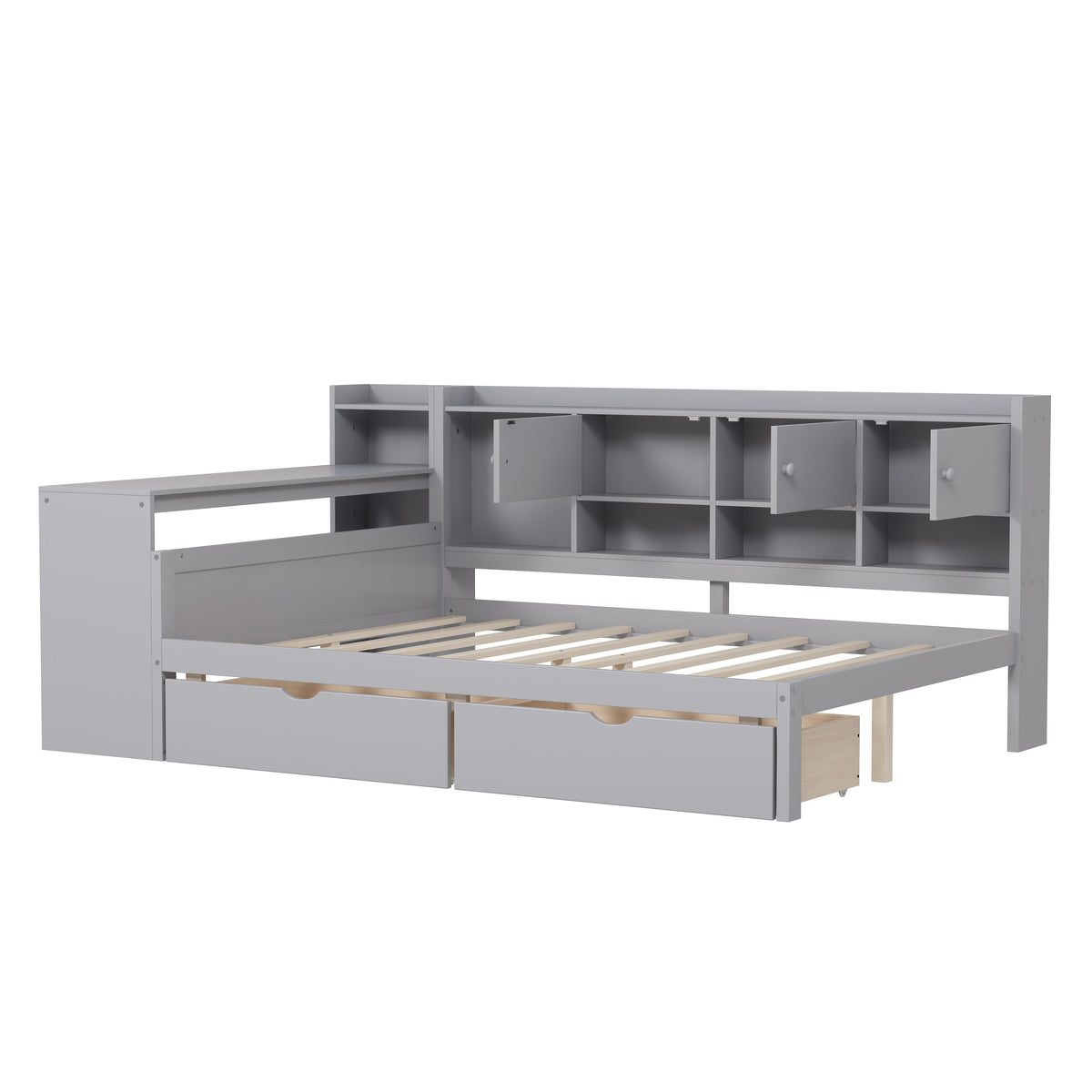 Roomfitters Wooden L-Shape Daybed with Storage Cabinets, Study Desk, Built-In Bookshelf, Space-Saving Platform Bed, Gray