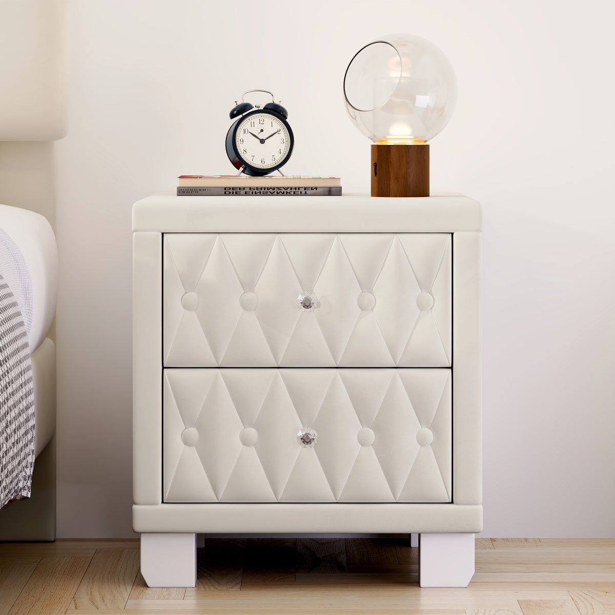 variant-group:rf-n733p210398a|Roomfitters Velvet Nightstand with Crystal Handles, Button-Tufted Upholstered Bedside Table with Two Storage Compartments, Beige