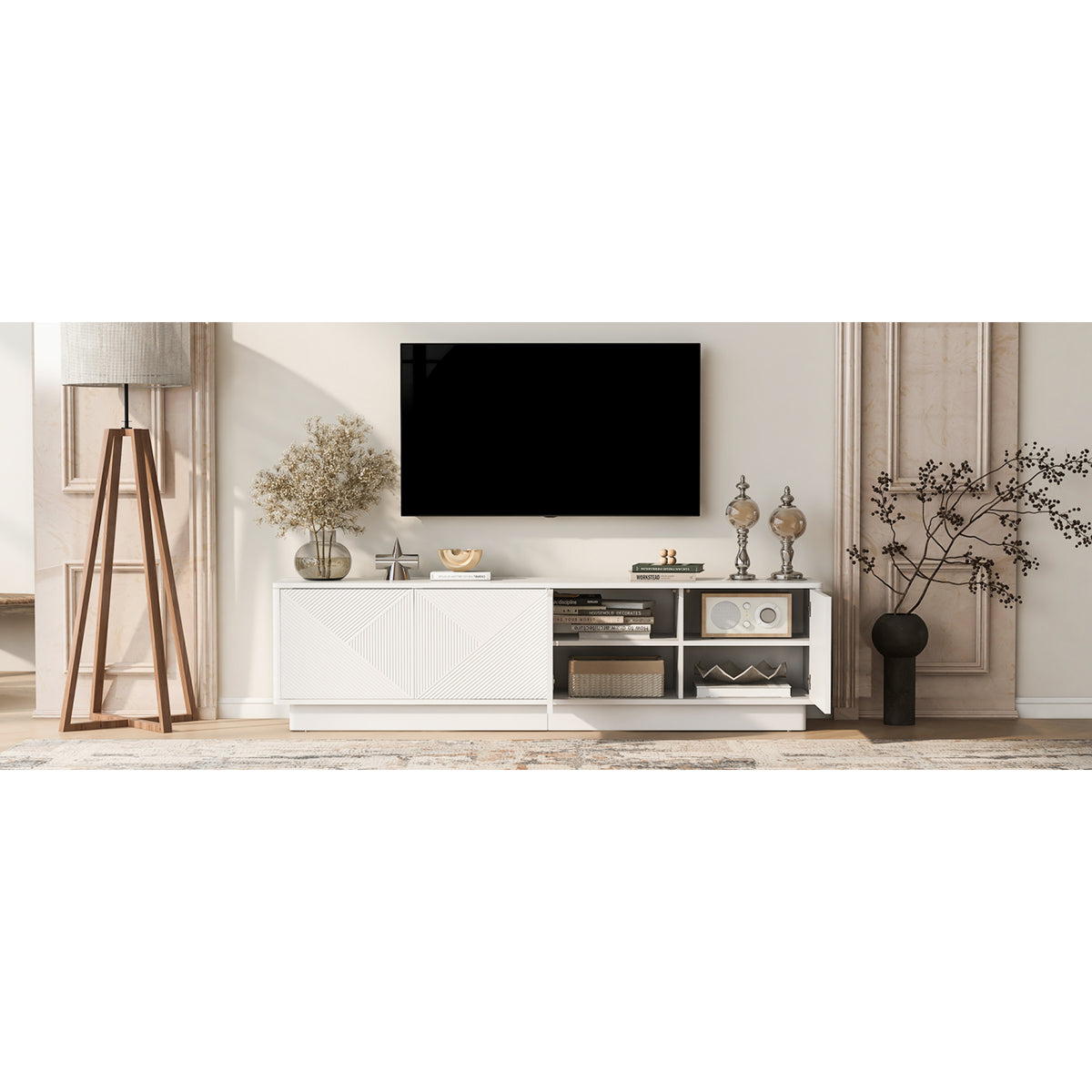 variant-group:rf-n724p426846k|Roomfitters Stylish 4-Door Wave Design TV Console with 16-Color USB LED Light, White