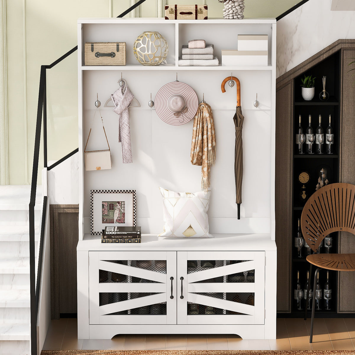 variant-group:rf-n724p264668k|Roomfitters 3-in-1 Entryway Bench with Coat Rack, Adjustable Shelves and 7 Hooks, 43.3" Hall Tree for Entrance or Living Room, White