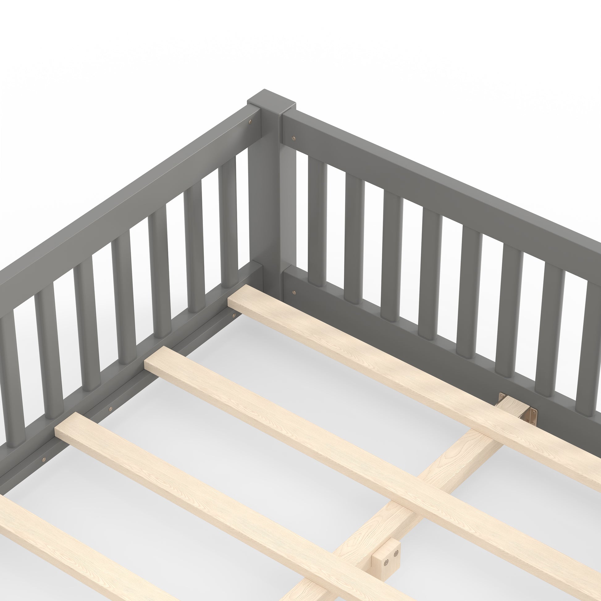 variant-group:rf-w1580p462318|Roomfitters Full Size Wooden Floor Bed Frame with Safety Guardrails Door, Solid Wood Low Profile Toddler Play Bed, Gray