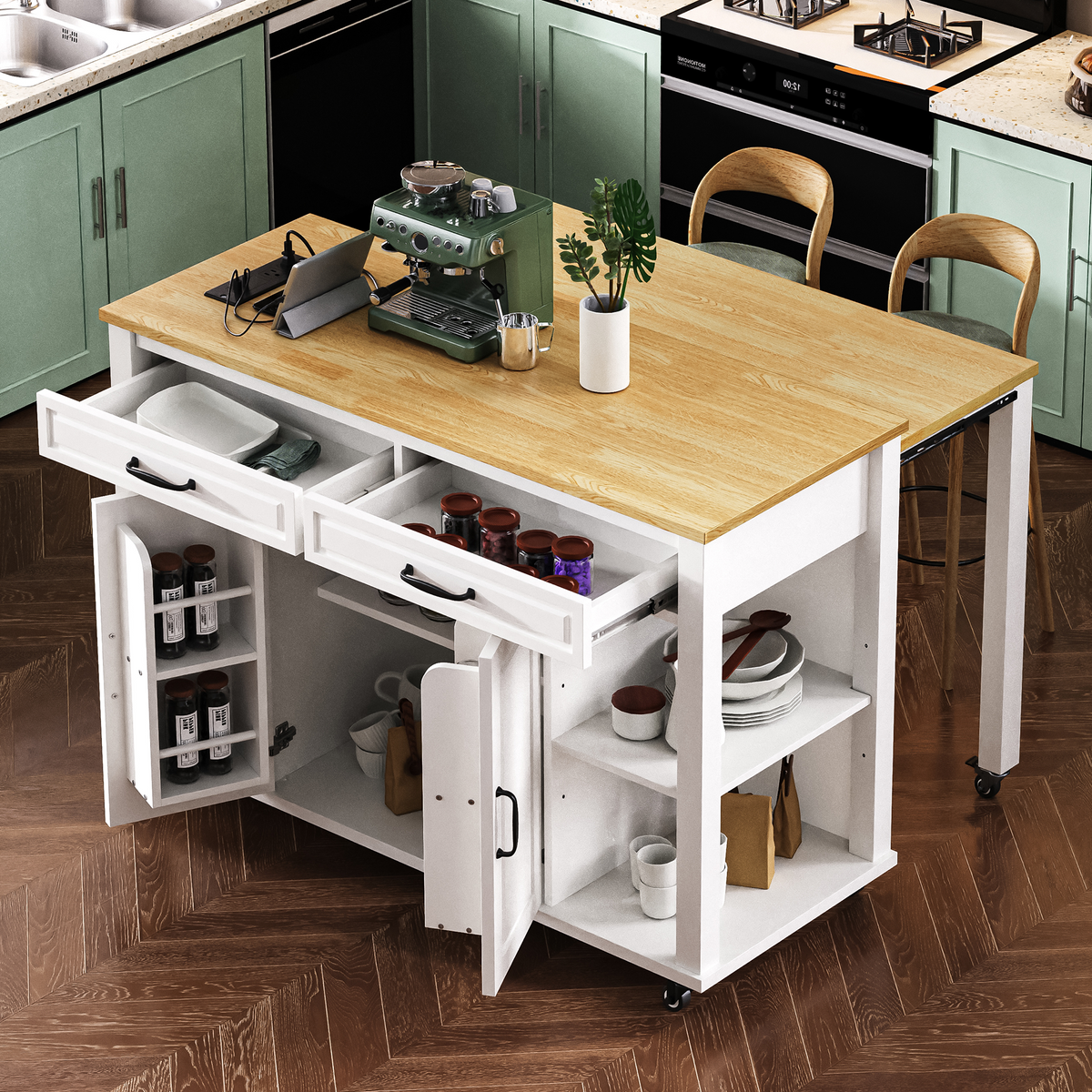 variant-group:rf-n707p215327w|Roomfitters 47" Kitchen Island with Extendable Dining Table, Storage Cabinet, Power Outlet, Rubber Wood Veneer, White