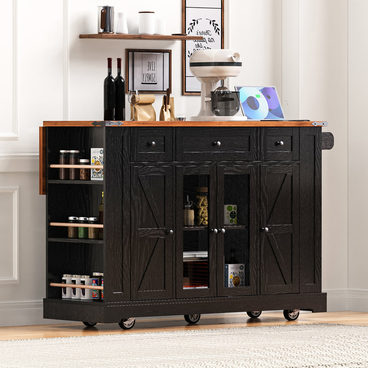 variant-group:rf-n707s263637b|Roomfitters 53" Kitchen Island with Power Outlet, 4 Doors and 3 Drawers, Rolling Storage Cabinet with Glass Doors, Black