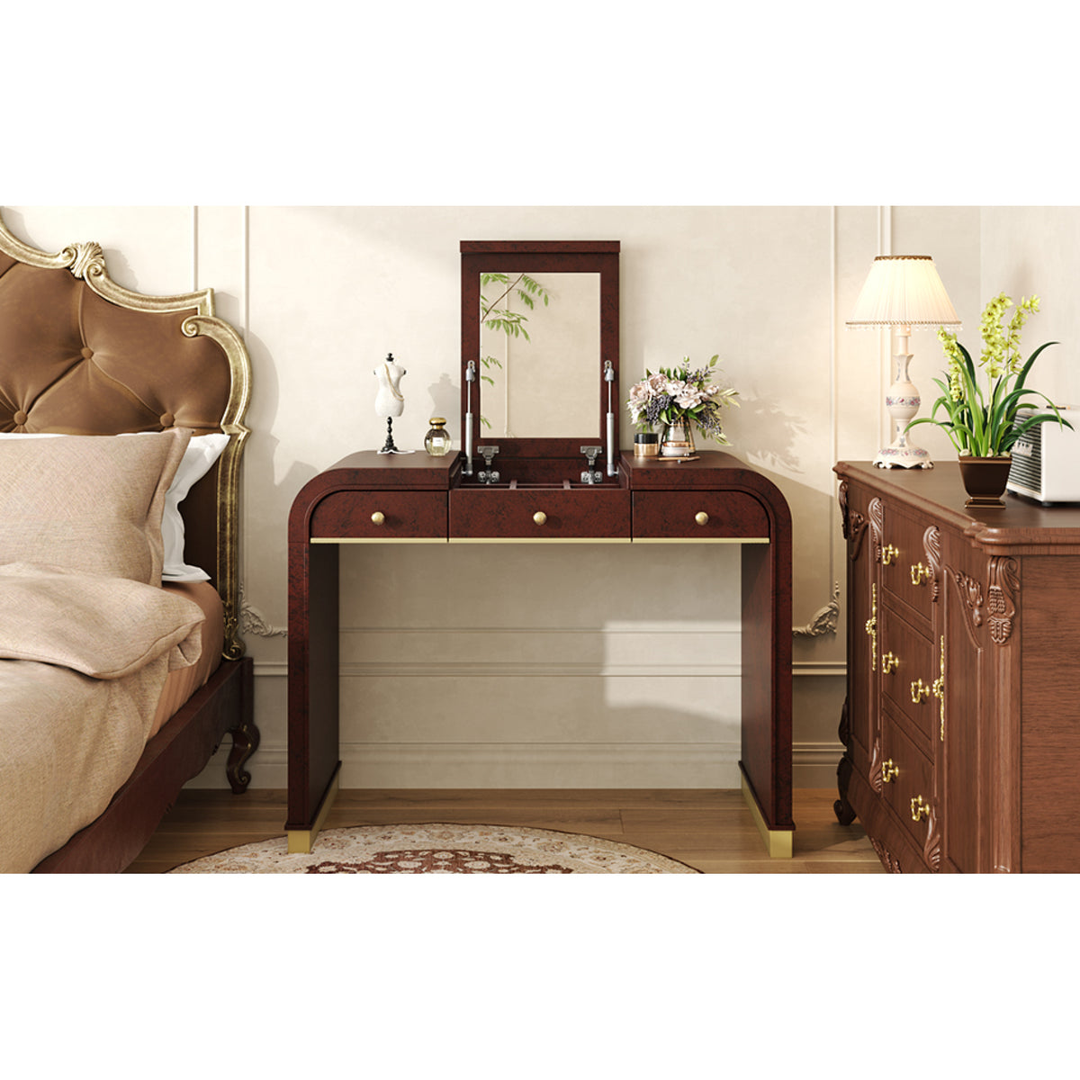 variant-group:rf-n704p381406p|Roomfitters Flip Top Vanity Desk with Mirror and Hidden Storage, Modern Makeup Table with Gold Trim for Small Space, Espresso