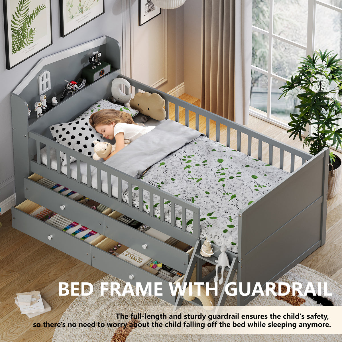variant-group:rf-n733s278032e|Roomfitters Twin Platform Bed Frame with Four Drawers, Wooden Kids Bed with Guardrail Headboard and Ladder, Gray