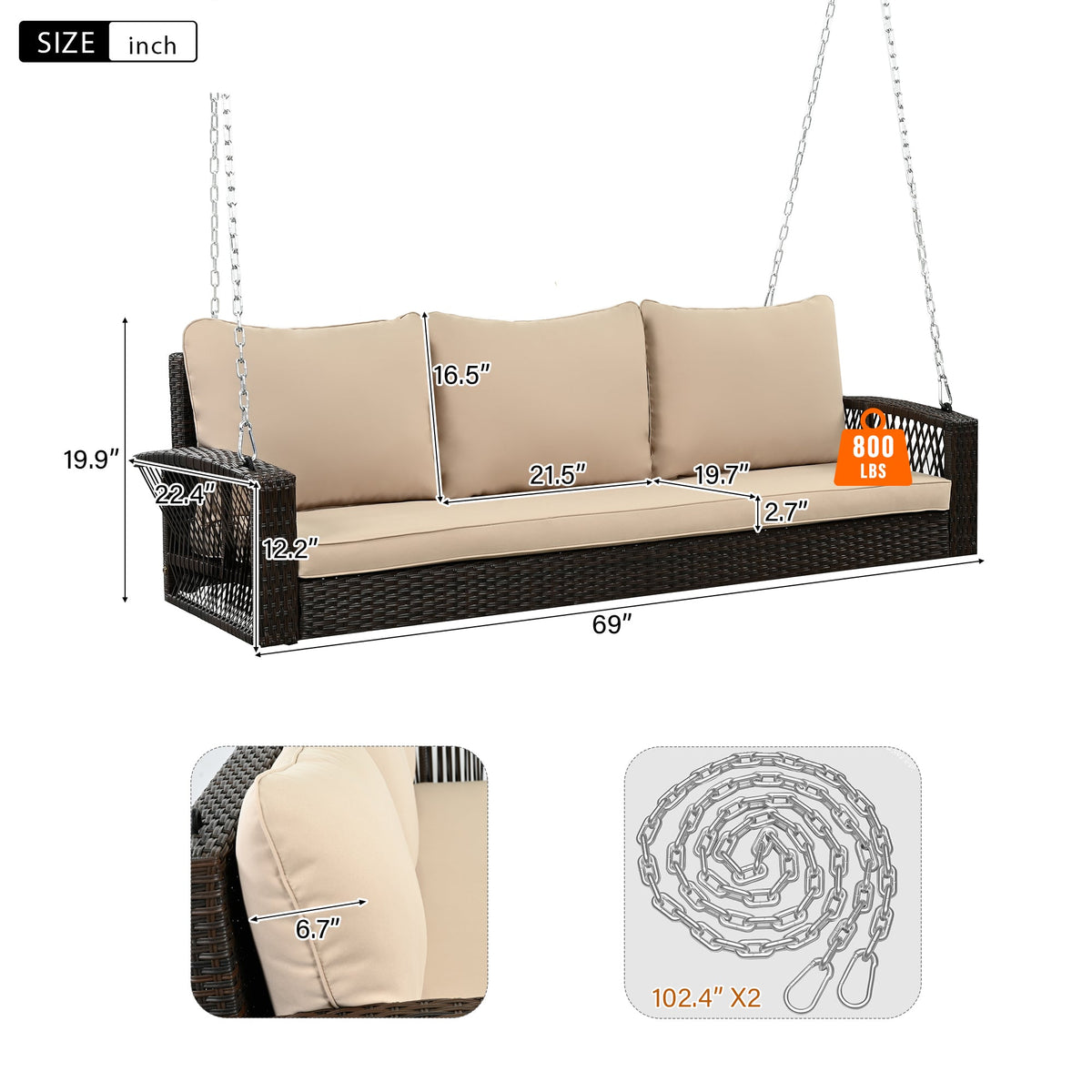 Roomfitters 69" PE Wicker 3-Person Porch Swing, Large Patio Swing Bench with Chains & Cushions, Backyard & Garden, Brown Roomfitters