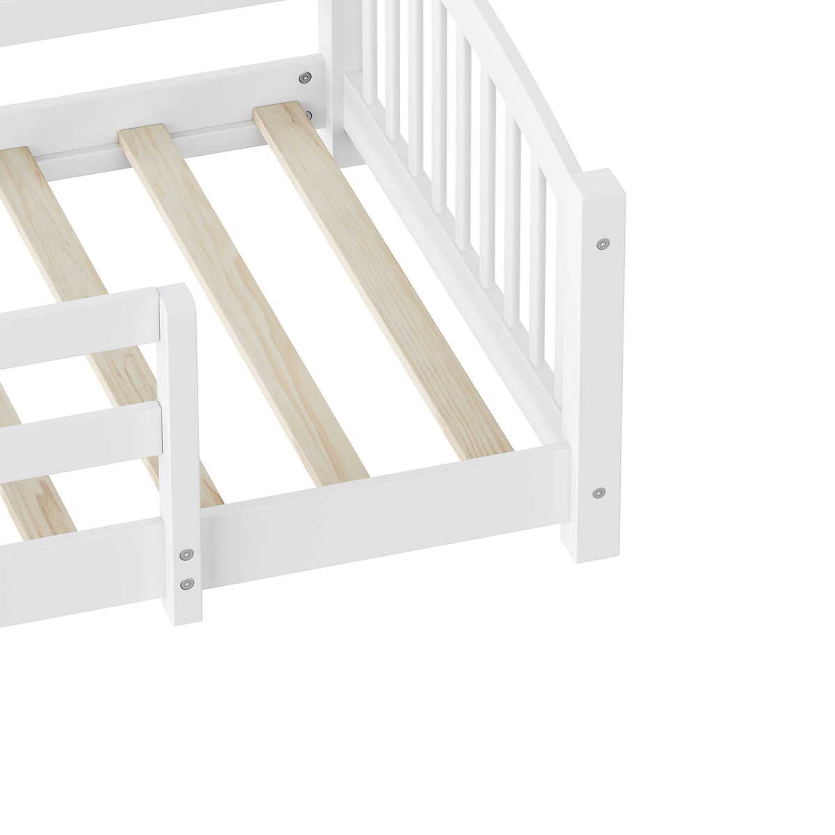 variant-group:rf-n733p400298k|Roomfitters Twin Montessori Floor Bed with Guardrails, Solid Wood Low Platform Bed with Slats, Easy Assembly, White