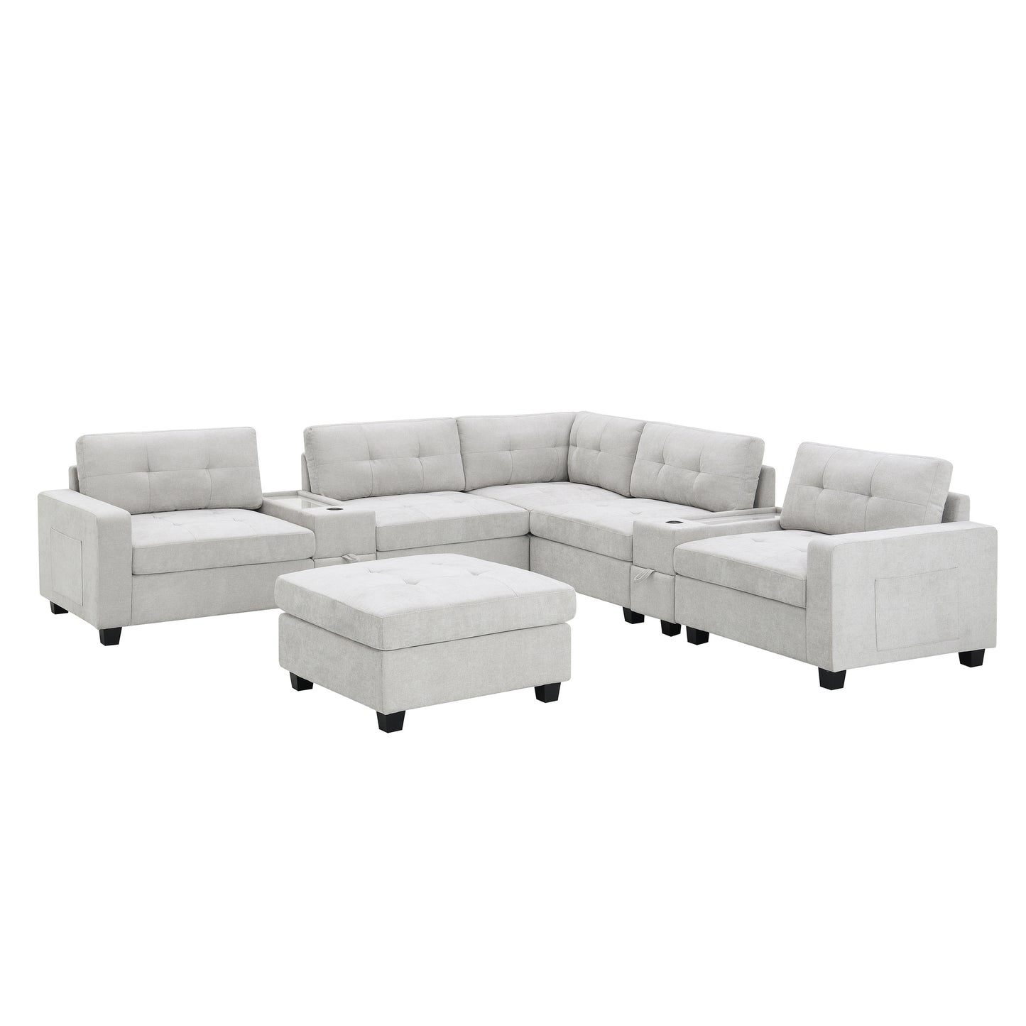 variant-group:rf-n723s1191k|Roomfitters 104 Inch Modular Sectional Sofa with Console and Cup Holders, Upholstered L-Shape Couch for Home Decor, Light Gray