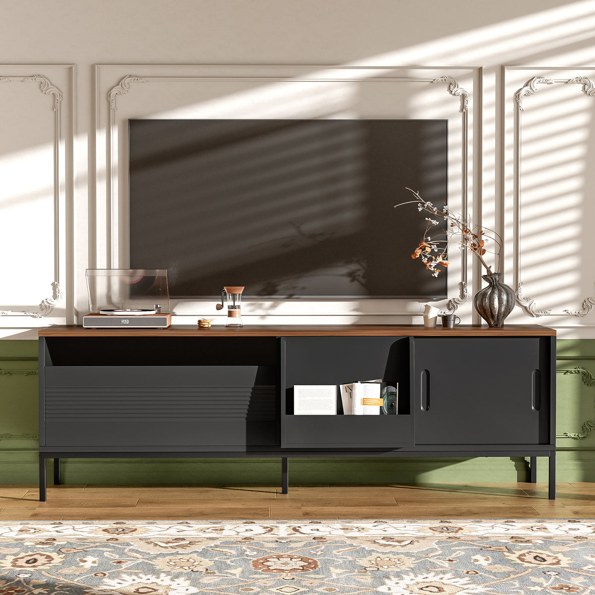 variant-group:rf-n724p360370b|Roomfitters Mid-Century Modern 70" TV Stand Console with Sliding Doors, Black