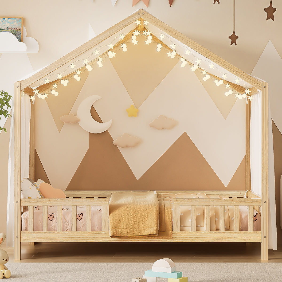 variant-group:rf-n733p356043m|Roomfitters Twin Montessori Floor Bed with Canopy, House Shape Wood Frame with Safety Rails, Youth Platform Bed, Natural