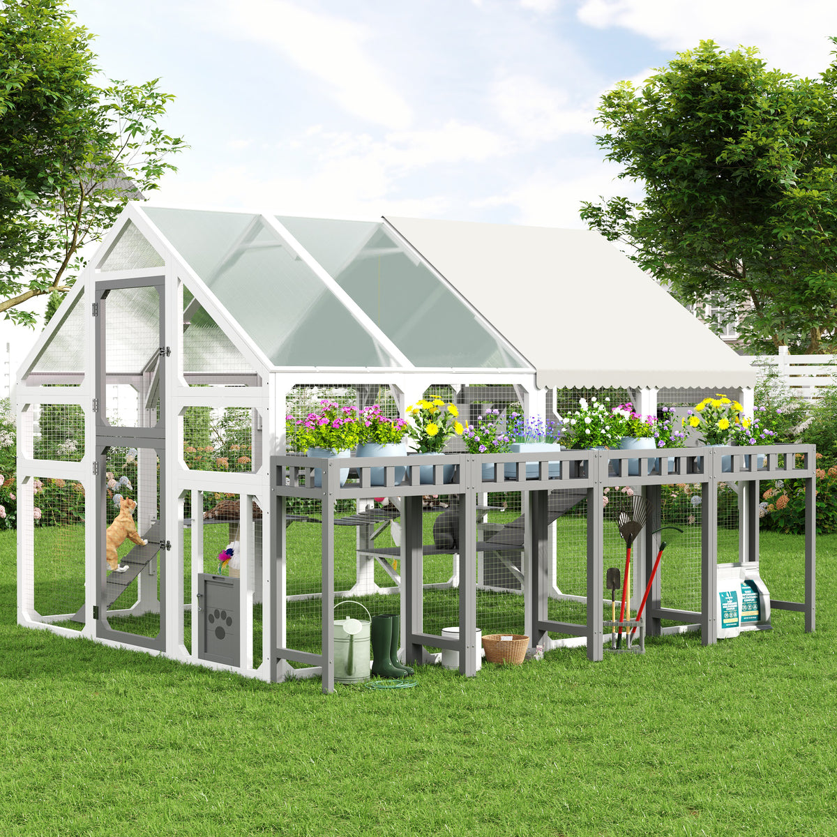 variant-group:rf-n704g201619k|Roomfitters Large Outdoor Cat House with Detachable Planter Stand and Scratching Posts Gray & White