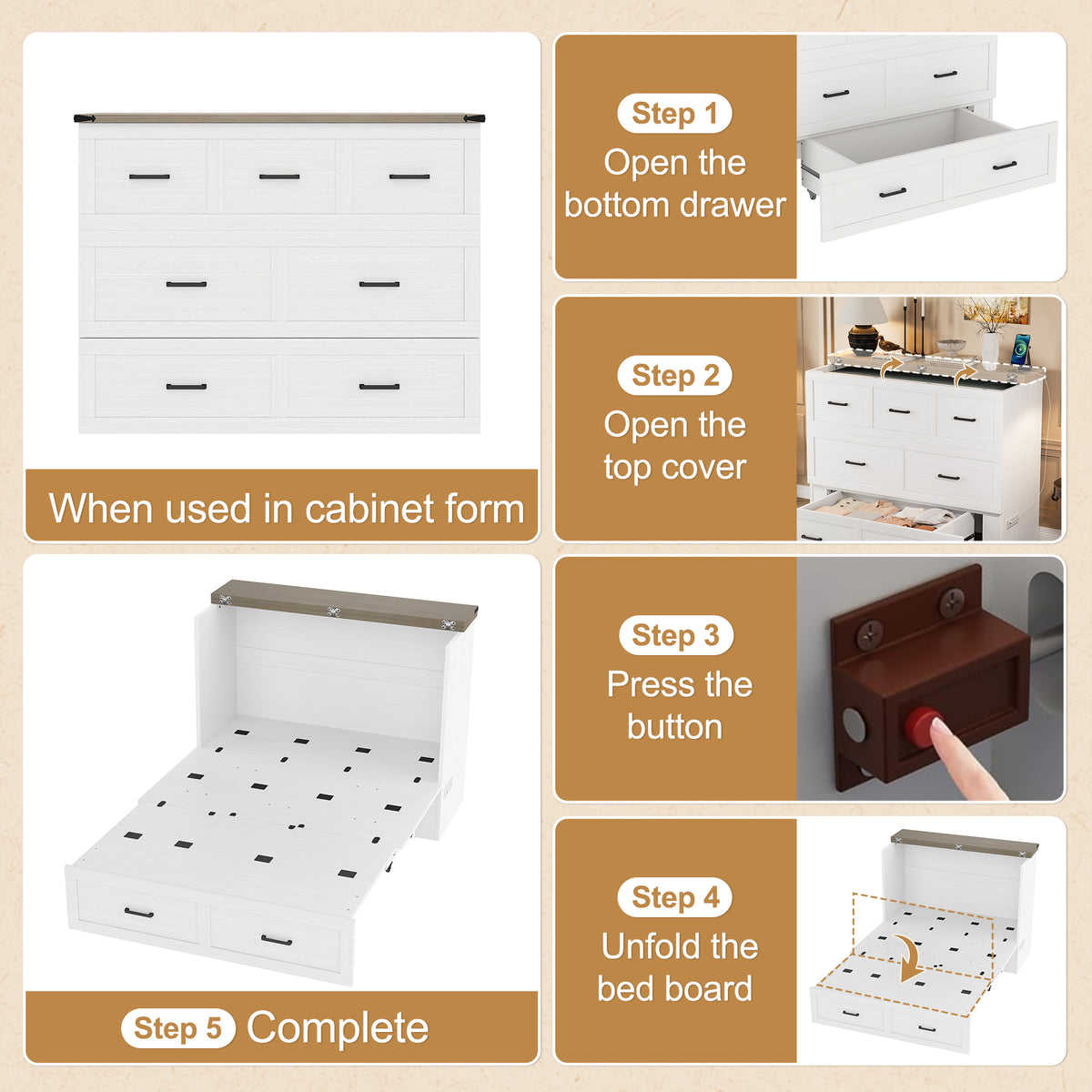 variant-group:rf-n733s293995w|Roomfitters Full Size Murphy Bed Cabinet with Charging Station, Foldable Platform Bed with Storage Drawer, White