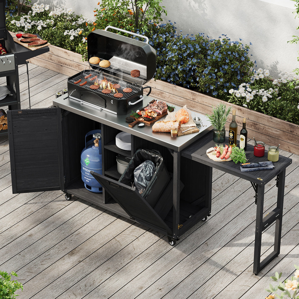 variant-group:rf-n707p370276b|Roomfitters 78.3" Outdoor Kitchen Island with Foldable Grill Table, Stainless Steel Top & Tilt Trash Can Storage, Black