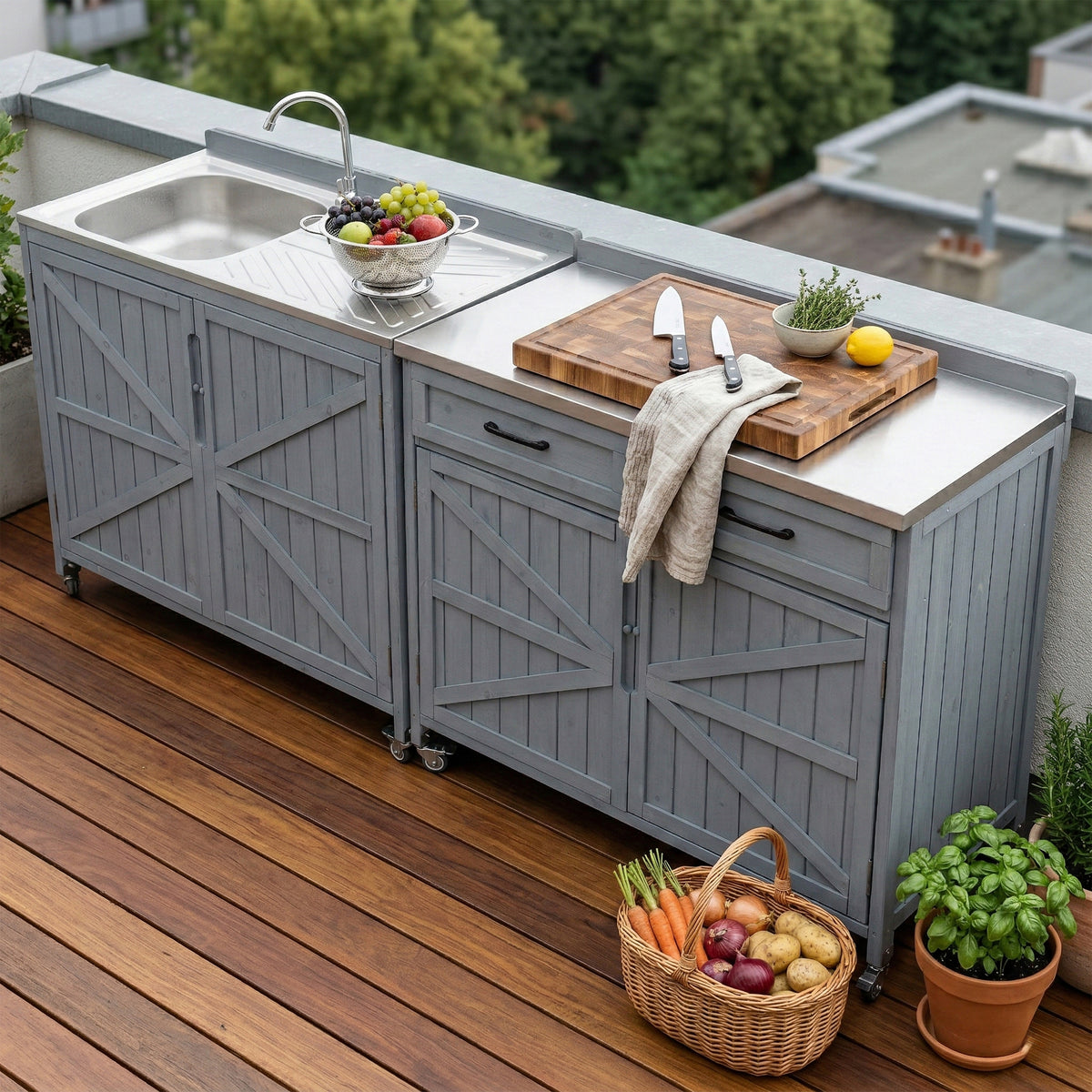 variant-group:rf-n707p370273g|Roomfitters 39.4" Grill Cart, Outdoor Kitchen Island with Stainless Steel Top, BBQ Prep Station with Storage Cabinet, Grey+Blue