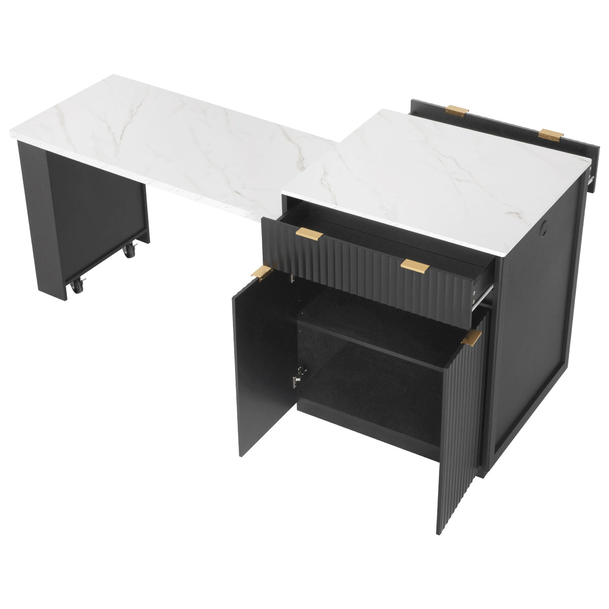 variant-group:rf-n707s000018b|Roomfitters 82.6" Fluted Kitchen Island with 51" Extendable Dining Table for 4-6, Power Outlet, Black