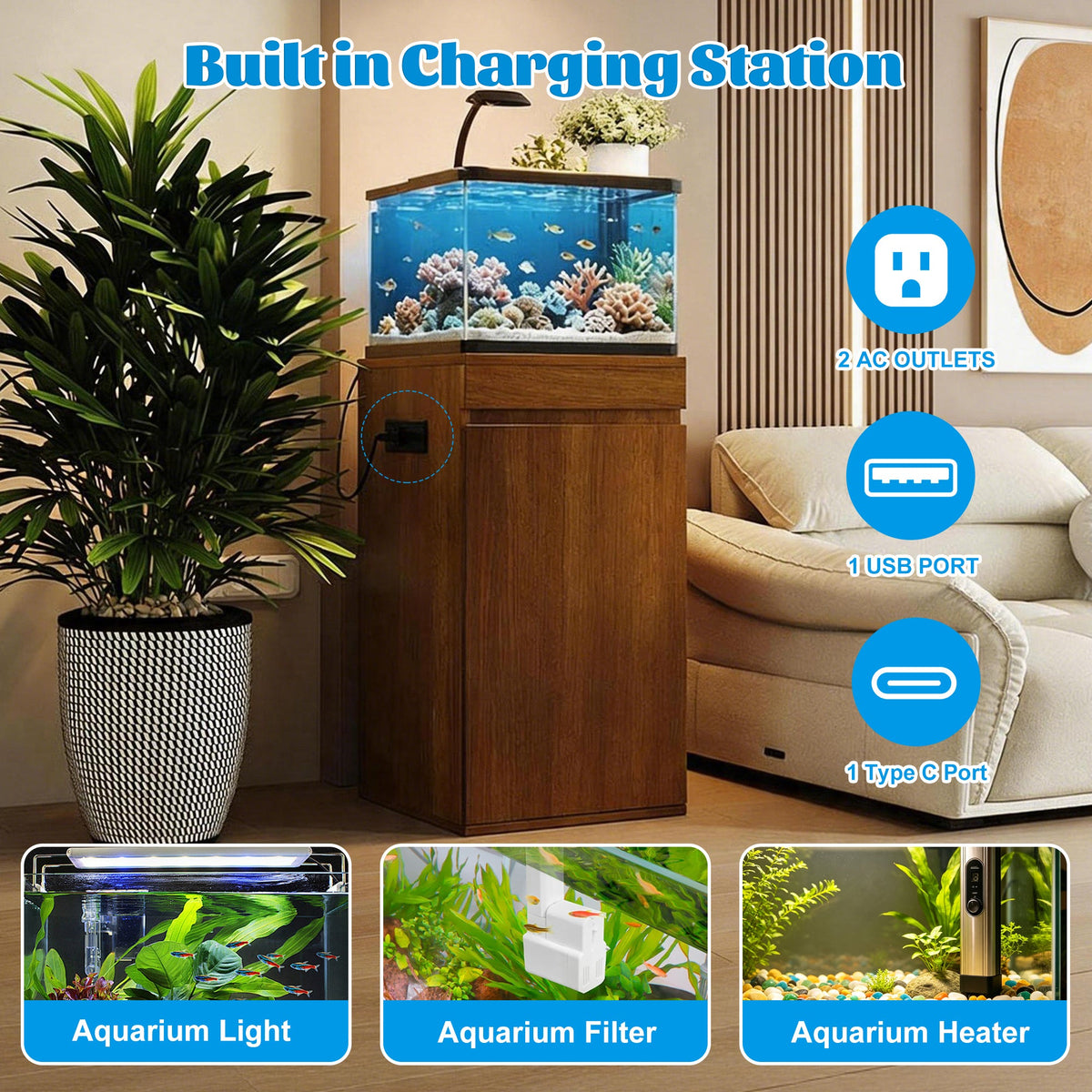 Roomfitters 10-15 Gallon Small Fish Tank Stand with Storage Cabinet and Side Power Outlets Walnut Brown Roomfitters