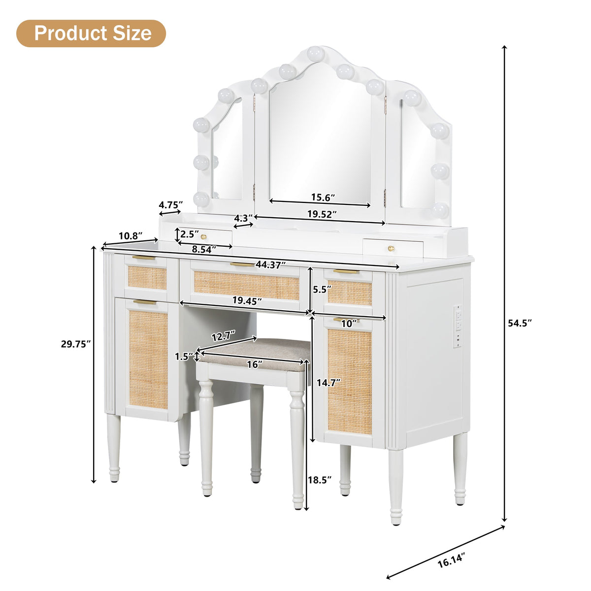 Roomfitters 44.37" Makeup Vanity with Lighted Tri-fold Mirror, French Vintage Rattan Dressing Table, Drawers and Stool, White Roomfitters