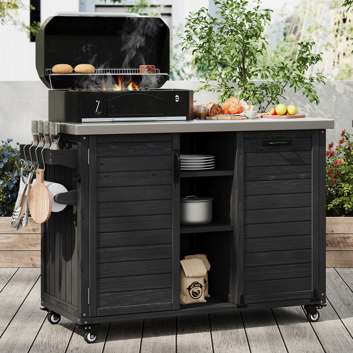 variant-group:rf-n707p370276b|Roomfitters 78.3" Outdoor Kitchen Island with Foldable Grill Table, Stainless Steel Top & Tilt Trash Can Storage, Black