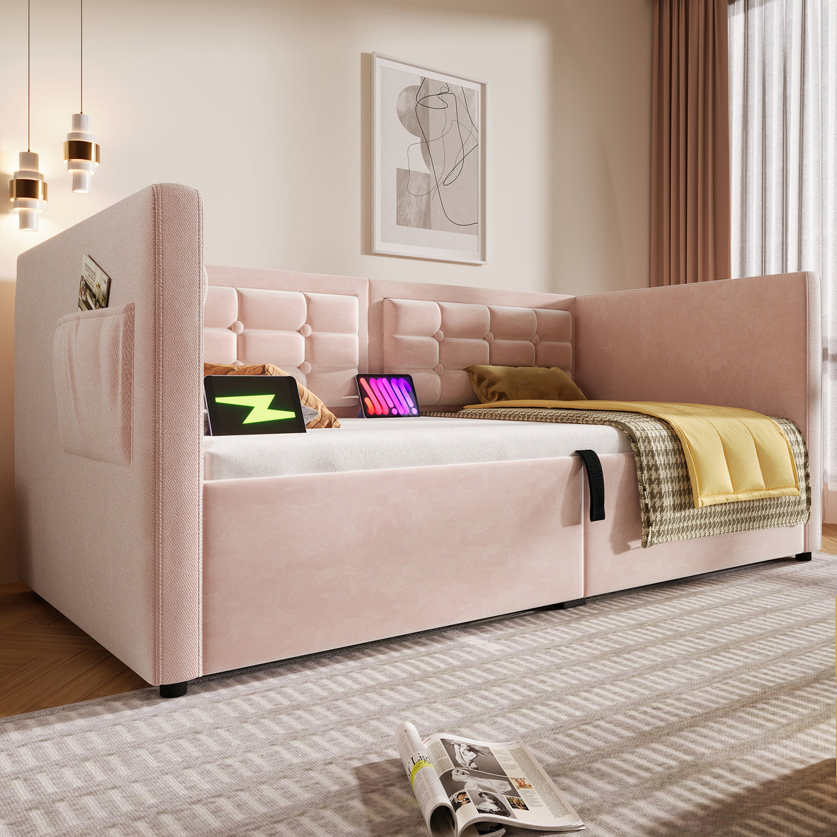 variant-group:rf-n736p303402p|Roomfitters Upholstered Twin Size Daybed with Storage, USB & Type-C Charging, Tufted Sofa Back, Velvet Pink