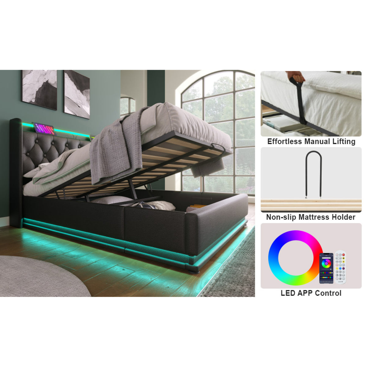 variant-group:rf-n736p188807b|Roomfitters Queen Size Upholstered Storage Bed with USB Type-C Charging and Remote Control, Faux Leather Black
