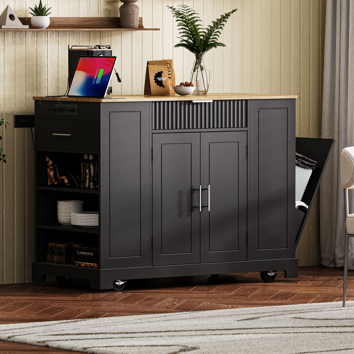 variant-group:rf-n707s221571b|Roomfitters Kitchen Island with Tilt Out Trash Can and Power Outlet, Fluted Storage Cabinet on Wheels, Black