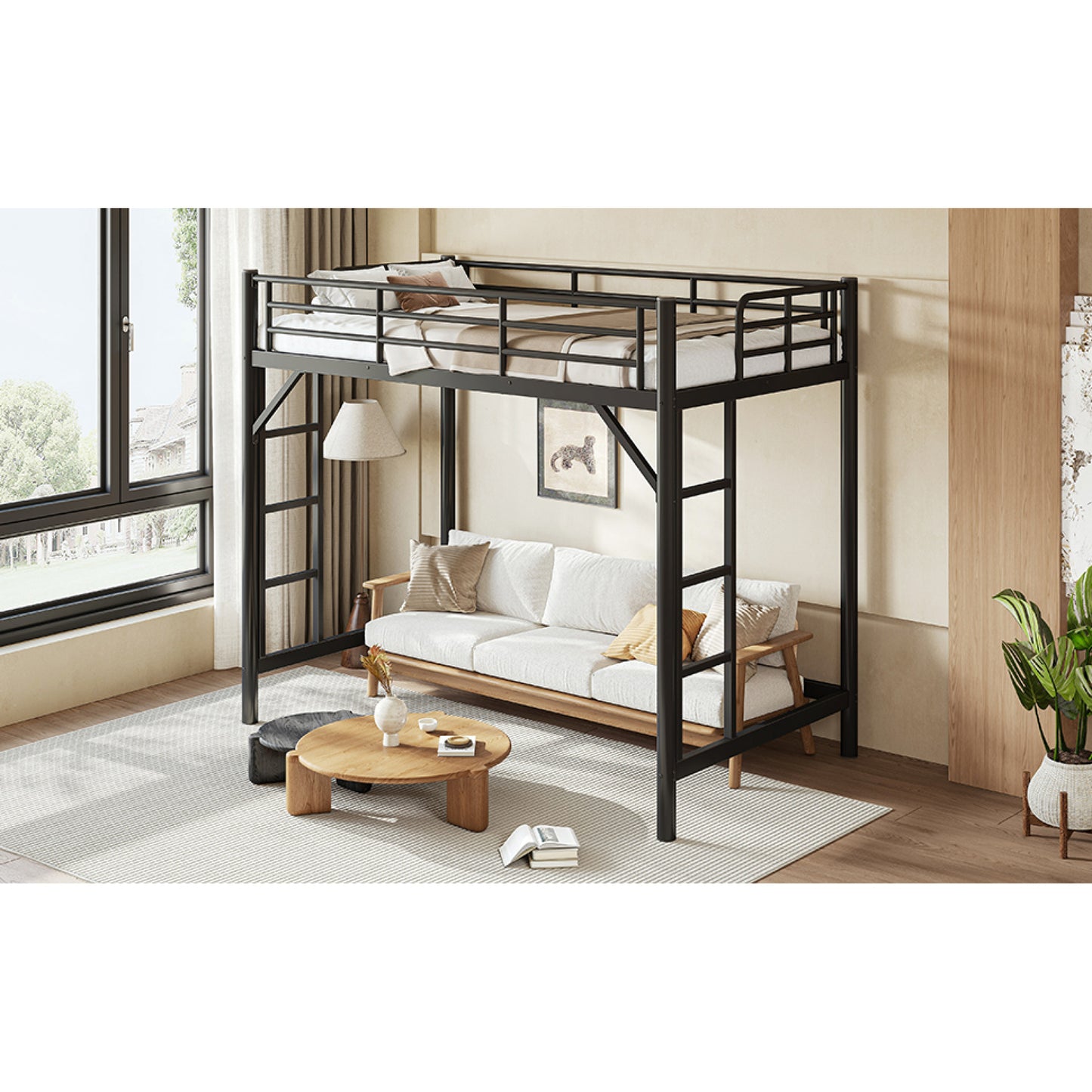 variant-group:rf-w1580p455013|Roomfitters Twin XL Size Metal Loft Bed Frame with Guardrails, Heavy Duty Space Saving High Loft Bed Dual Ladders, Black