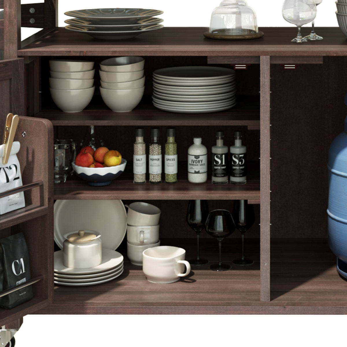 variant-group:rf-n707p250628z|Roomfitters 53.3" Outdoor Kitchen Island with Raised Shelf, Wood Storage Cabinet, Stainless Steel Top, Rolling Grill Cart, Brown