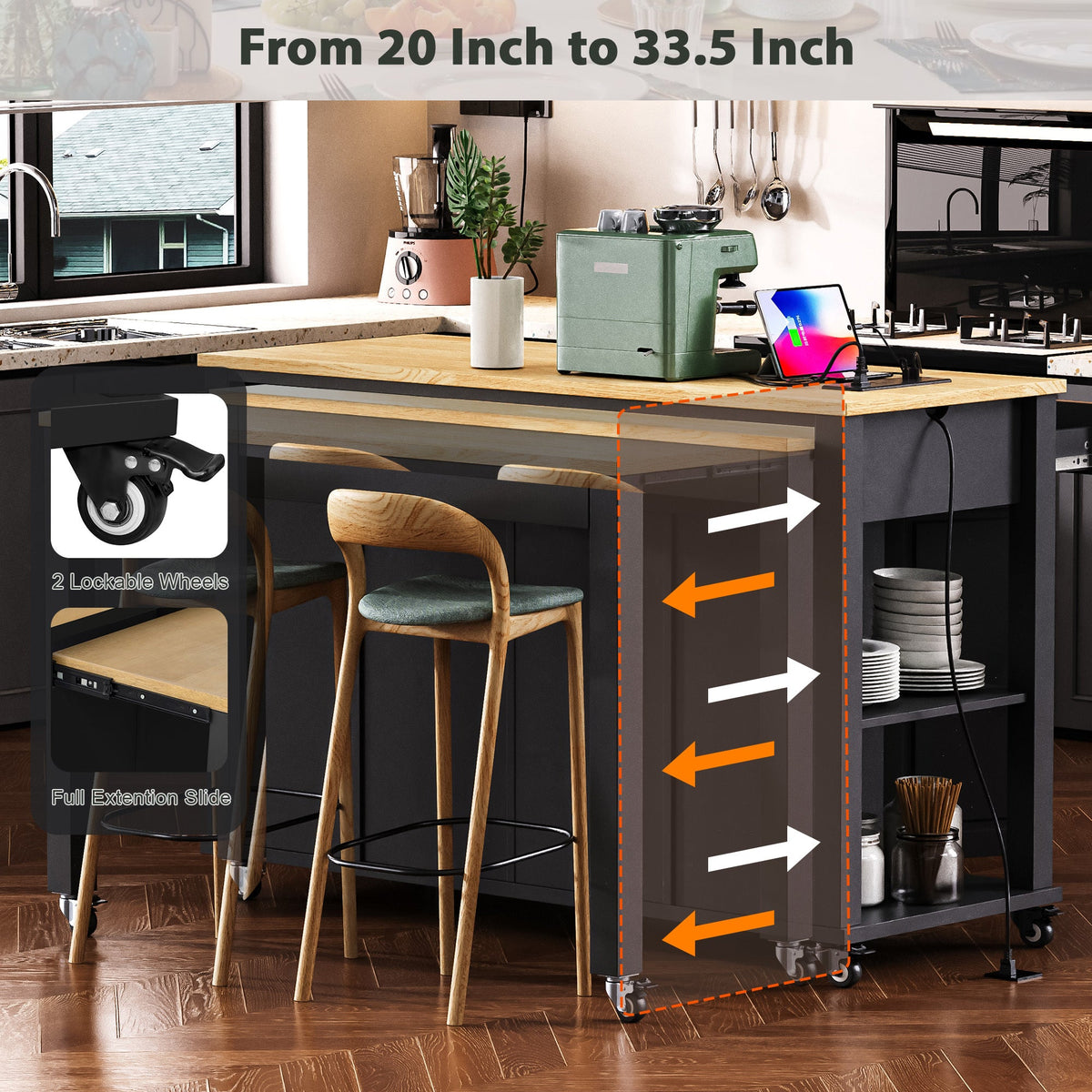 Roomfitters 47" Kitchen Island with Slide-Out Dining Table, Mobile Cart with Built-in Outlets, Internal Racks, Black