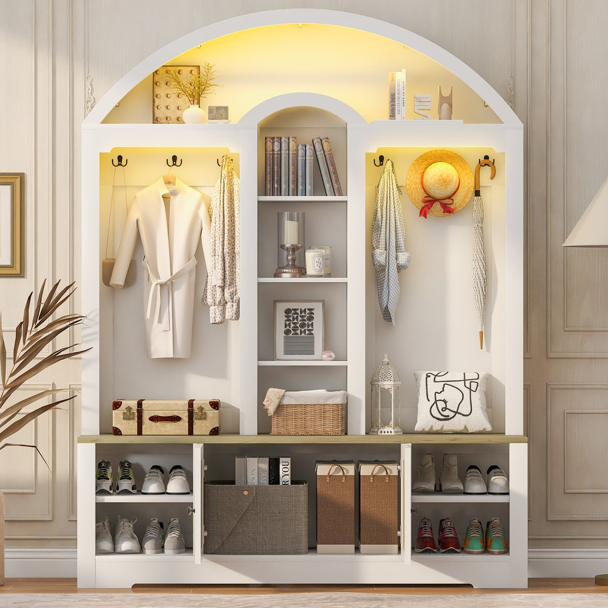 variant-group:rf-n724sj000158aak|Roomfitters Multi-Functional Curved Entrance Wardrobe, Hall Tree, White & Walnut