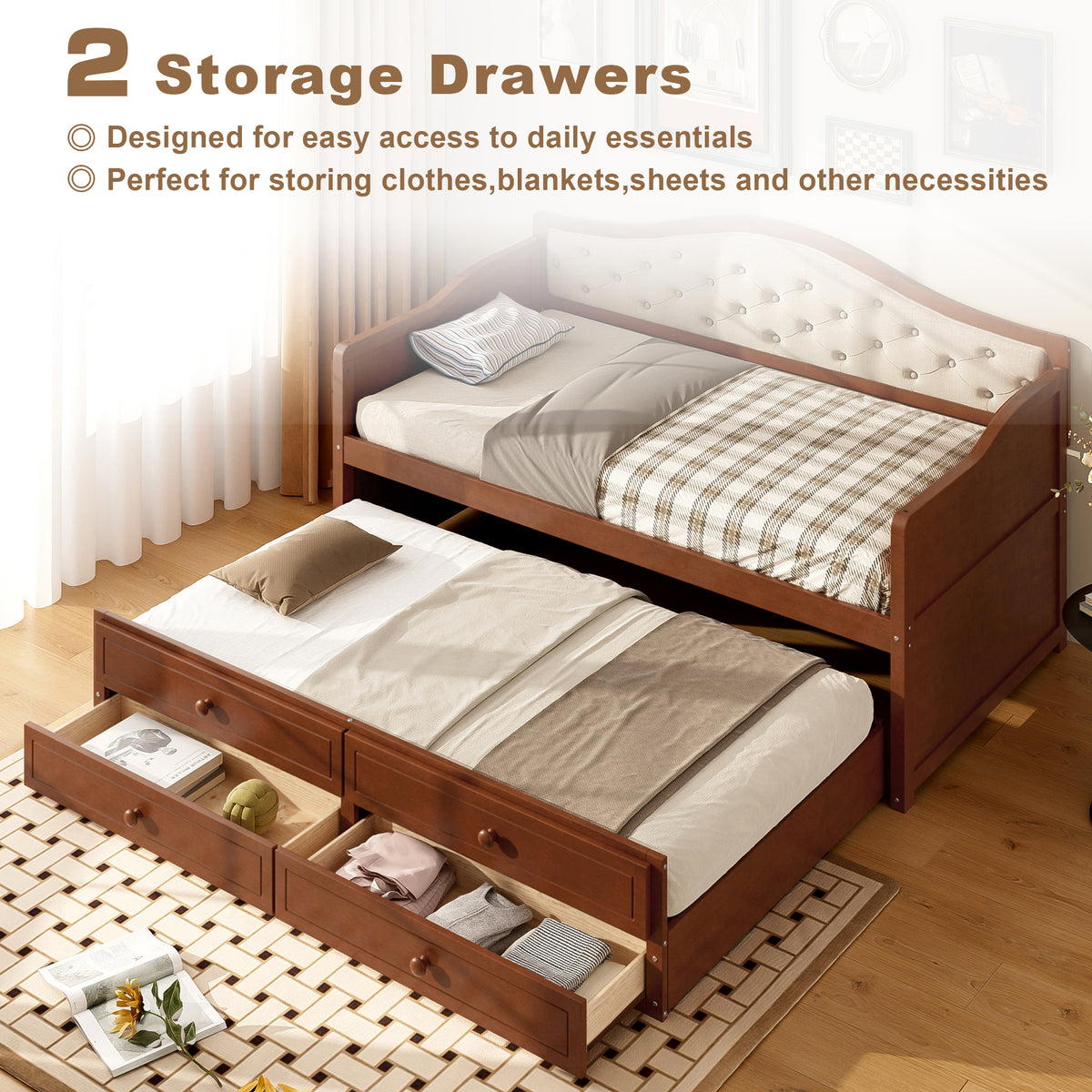 variant-group:rf-n733s346767d|Roomfitters Twin Daybed with Trundle, Wooden Sofa Bed with 2 Storage Drawers & Tufted Backrest, Walnut