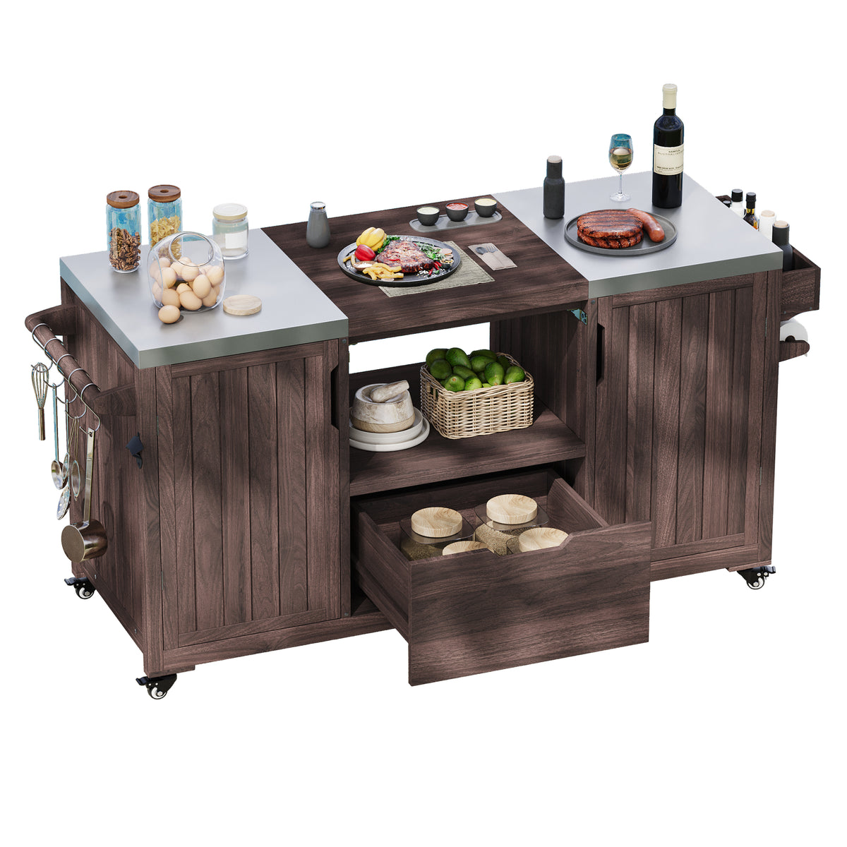 variant-group:rf-n707p250629z|Roomfitters 66.5" Outdoor Kitchen Island for Big Kamado Grills, Wood Grill Cart with Stainless Steel Top, Storage, Dark Brown