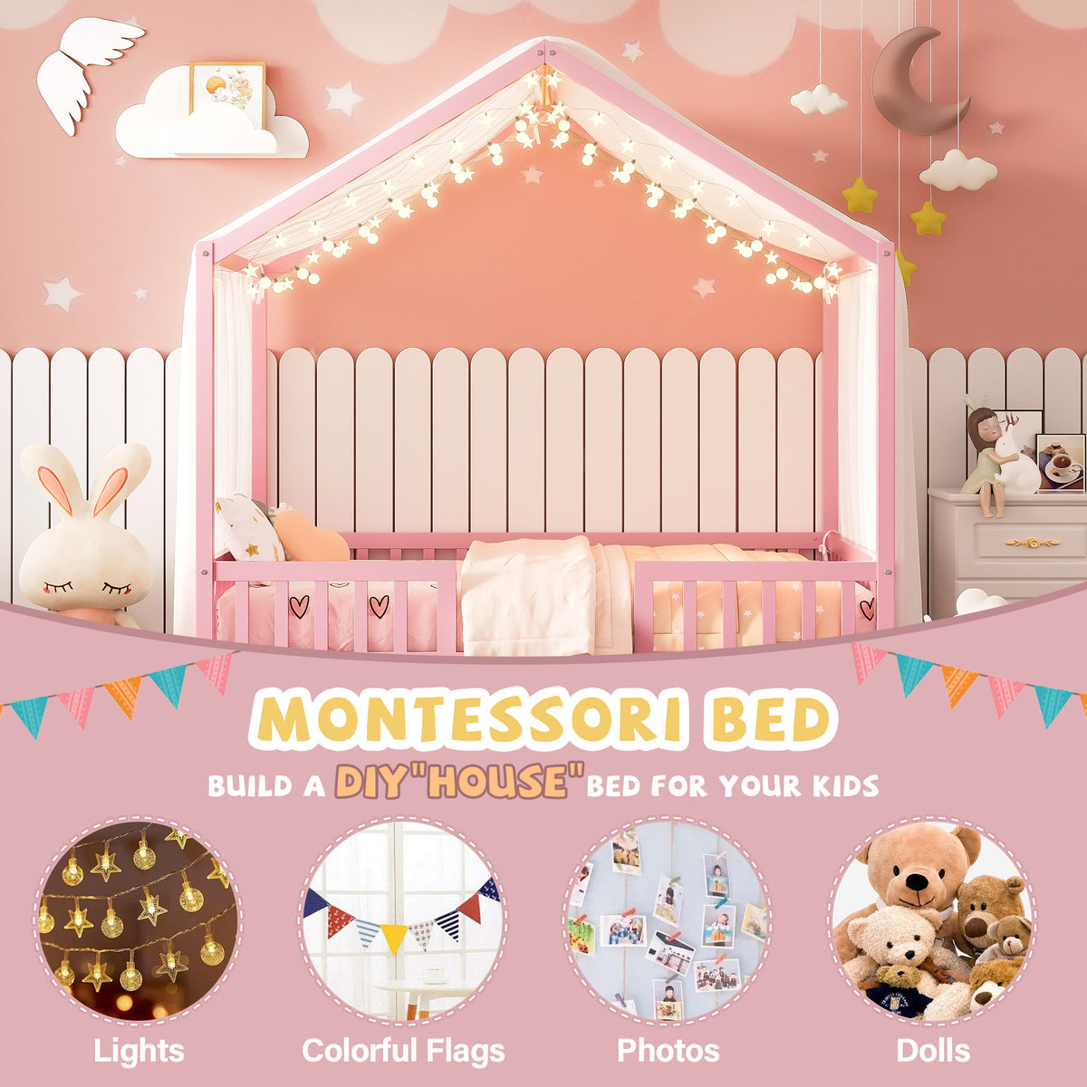 variant-group:rf-n733p356048h|Roomfitters Full Montessori Floor Bed with Canopy, House Shape Wood Frame with Safety Rails, Platform Bed, Pink