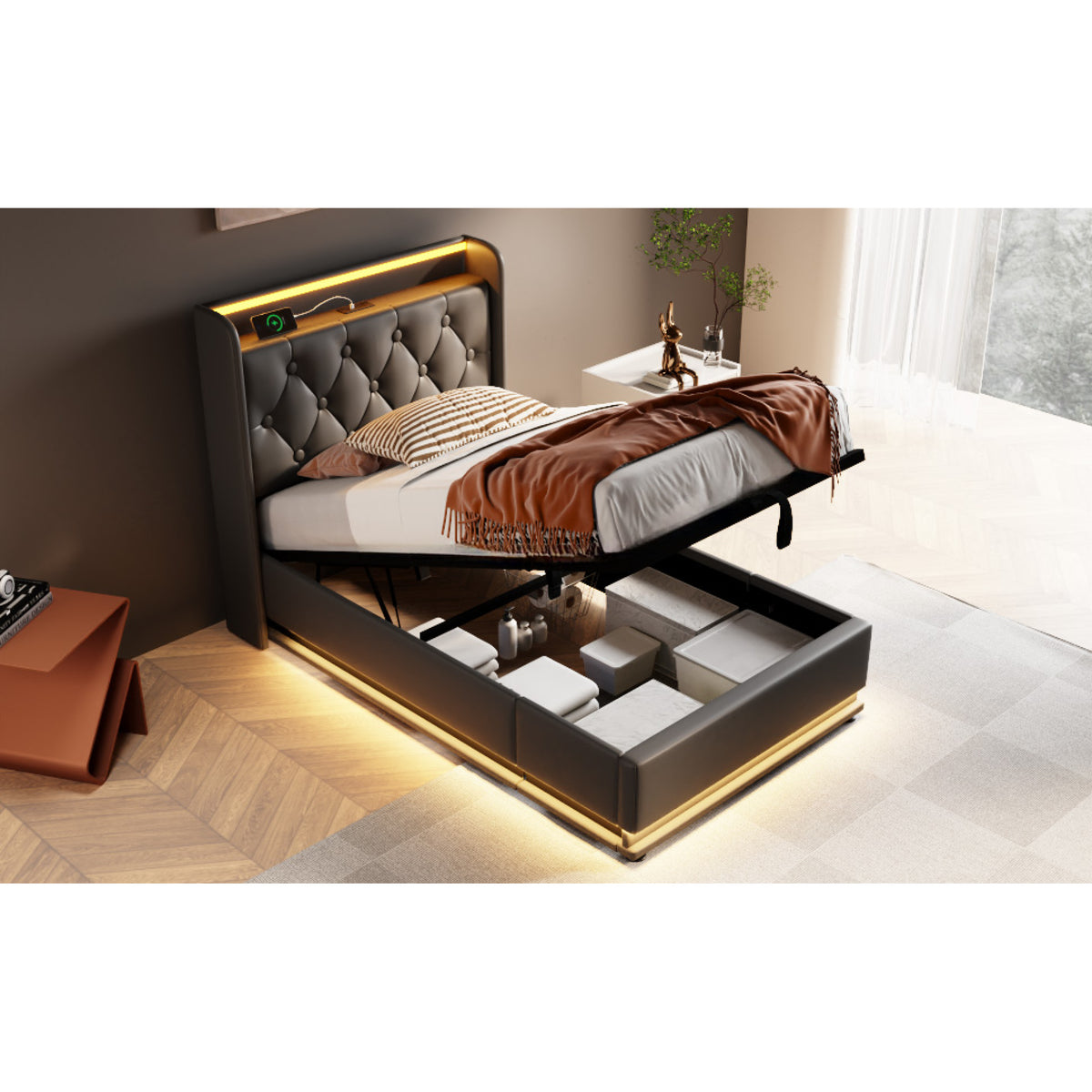 variant-group:rf-n736p188805b|Roomfitters Twin Size Upholstered Storage Bed with USB Type-C Charging and Remote Control, Faux Leather Black