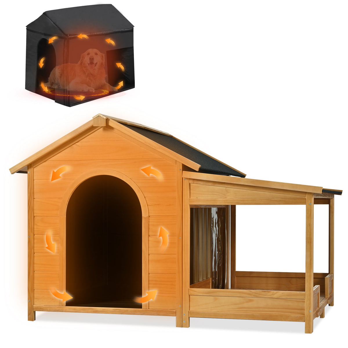 Roomfitters 60-Inch Large Outdoor Dog House with Removable Insulated Liner Weatherproof Porch and Asphalt Roof Natural Roomfitters