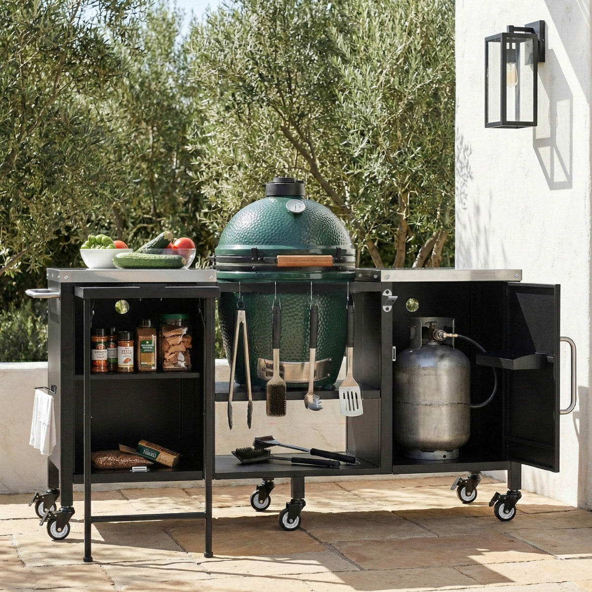 Roomfitters 72.4"W Extra Large Grill Cart, Outdoor Kitchen Prep Station with Stainless Steel Top and Folding Side Table, Black