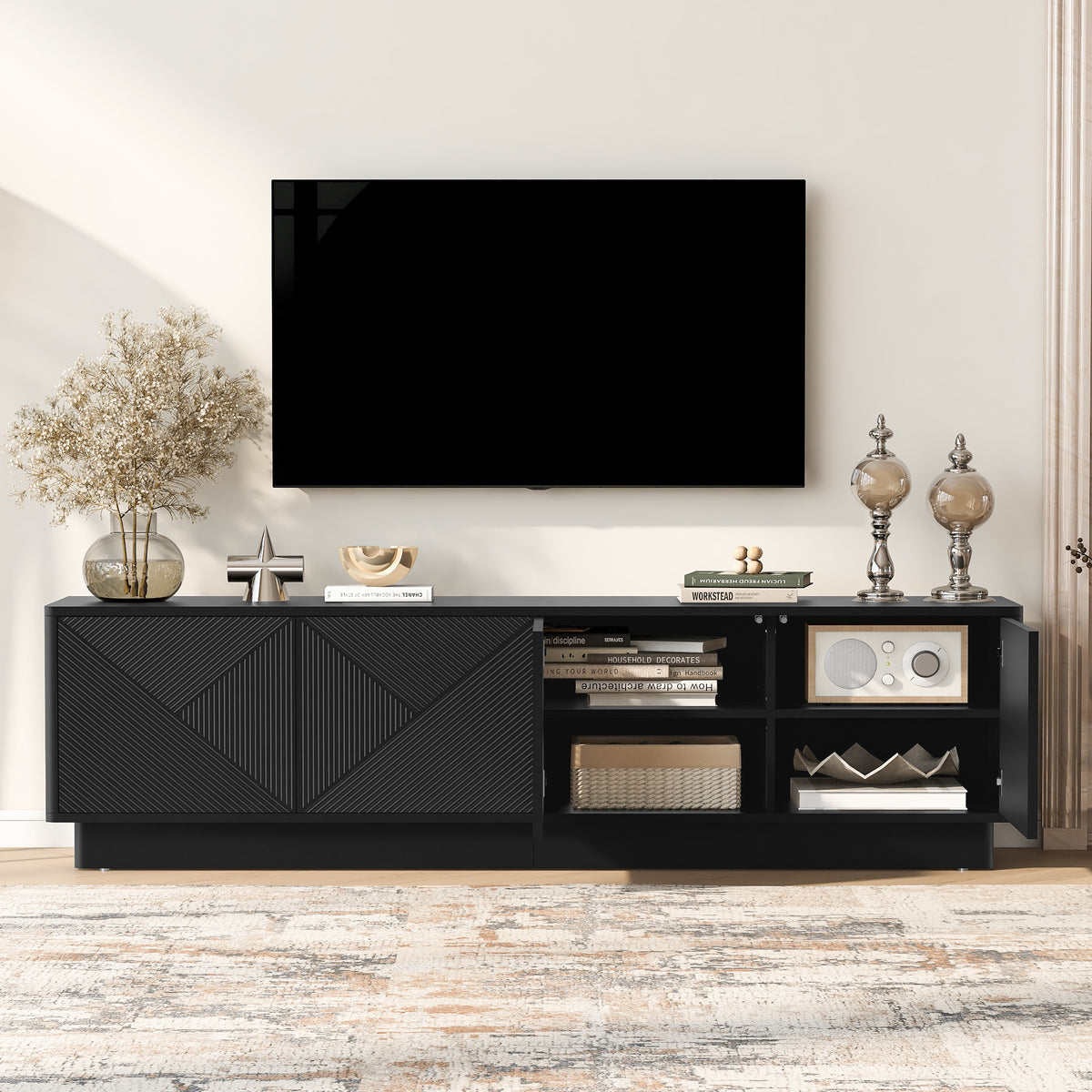 variant-group:rf-n724p426846b|Roomfitters Stylish 4-Door Wave Design TV Console with 16-Color USB LED Light, Black
