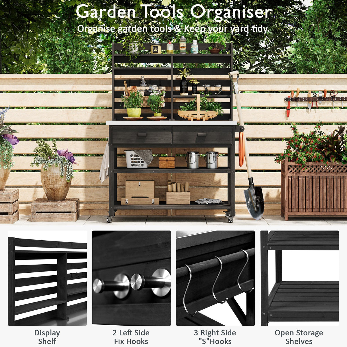 Roomfitters 64.9" Outdoor Potting Bench & Kitchen Island with Stainless Steel Top, Propane Rack & Lockable Wheels, Black