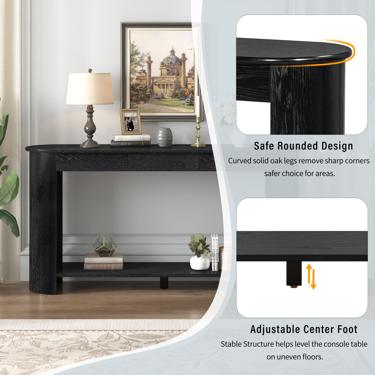 variant-group:rf-n711p395523b|Roomfitters Modern Farmhouse Black Oak Veneer Semi-Circular Console Table with 3 Drawers and Open Bottom Storage Shelf