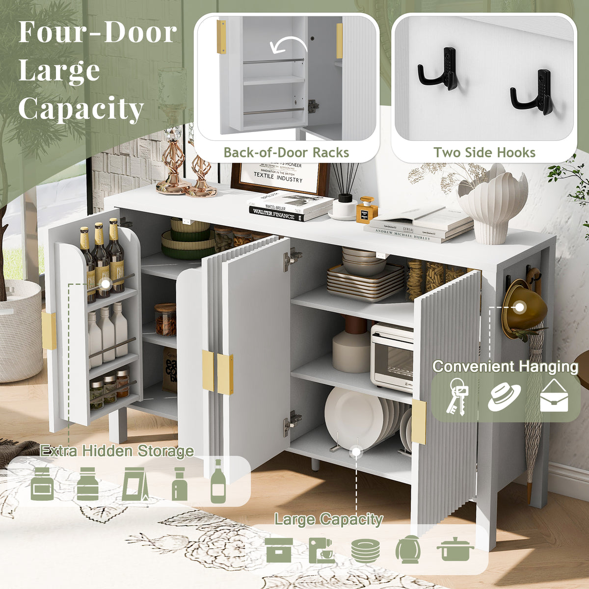 variant-group:rf-n711p345170k|Roomfitters 57.5" Sideboard Buffet Cabinet with 3 Door Mid-century Modern Fluted Storage for Kitchen & Dining Room, White