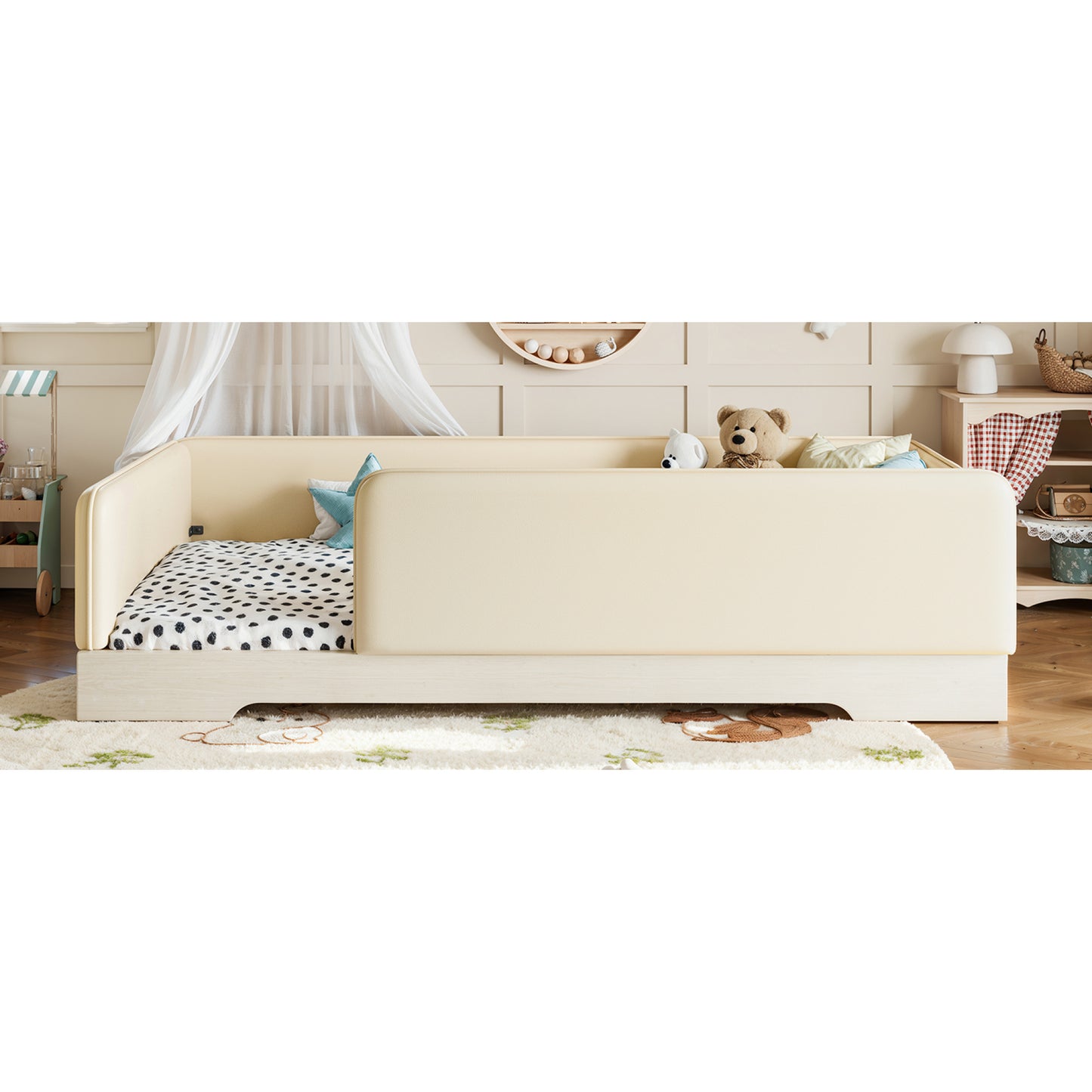 variant-group:rf-w1580p493129|Roomfitters Twin Size Upholstered Floor Bed Frame with Removable Guardrails, Faux Leather Low Profile Platform, Beige