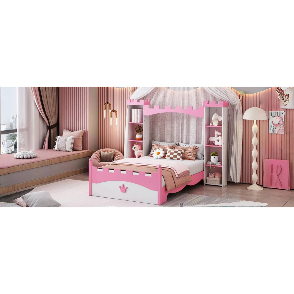 Roomfitters Castle-Shaped Wooden Bed with Storage Shelf, Dreamy Twin Size Platform Bed with Charming Aesthetic, White+Pink