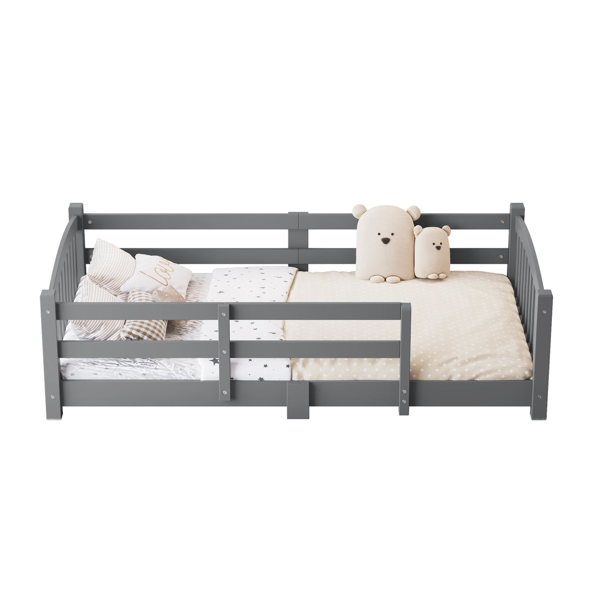 variant-group:rf-n733p400298e|Roomfitters Twin Montessori Floor Bed with Guardrails, Solid Wood Low Platform Bed with Slats, Easy Assembly, Gray