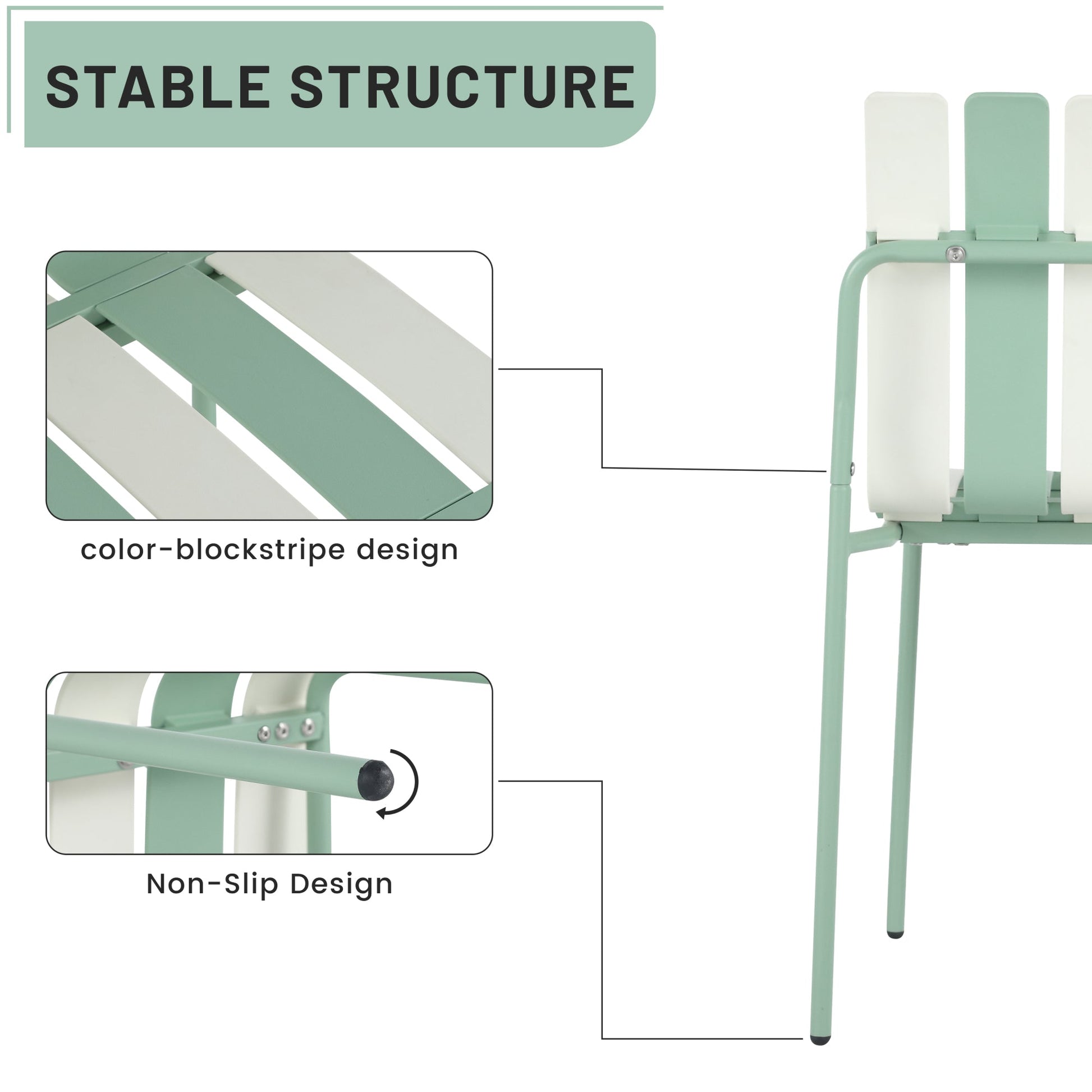 Summer- 4-Pack Modern Striped Color Block Chairs - Waterproof PP Seat & Sturdy Metal Legs, Indoor/Outdoor Dining Set for Patio, Balcony, Café (White & Green) Roomfitters