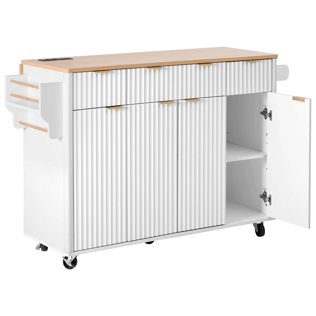 Roomfitters 55.5" Kitchen Island with Power Outlet and Drop Leaf, Rolling Storage Cabinet with Fluted Door Design, White