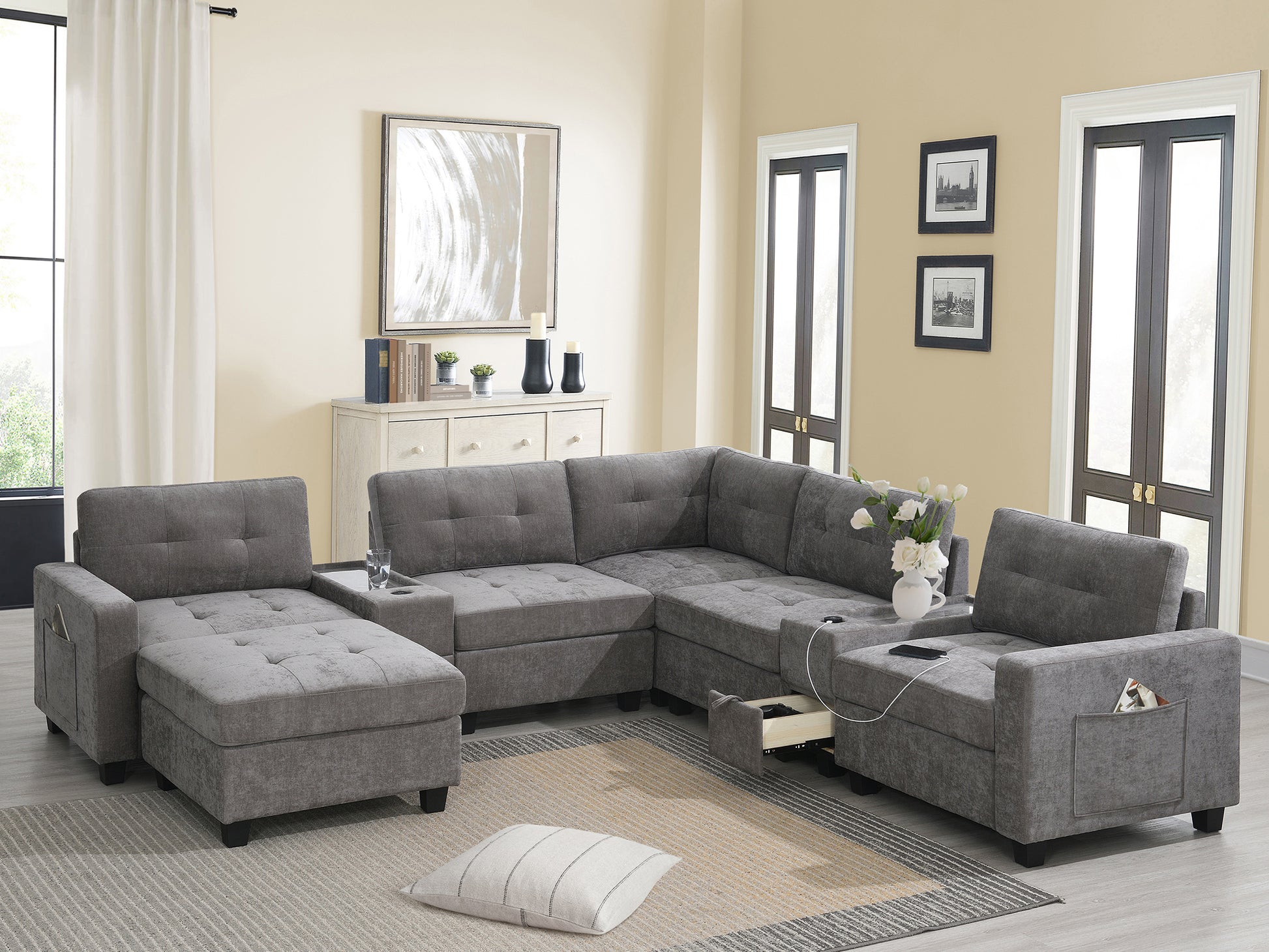 variant-group:rf-n723s1191e|Roomfitters 104 Inch Modular Sectional Sofa with Console and Cup Holders, Upholstered L-Shape Couch for Home Decor, Gray